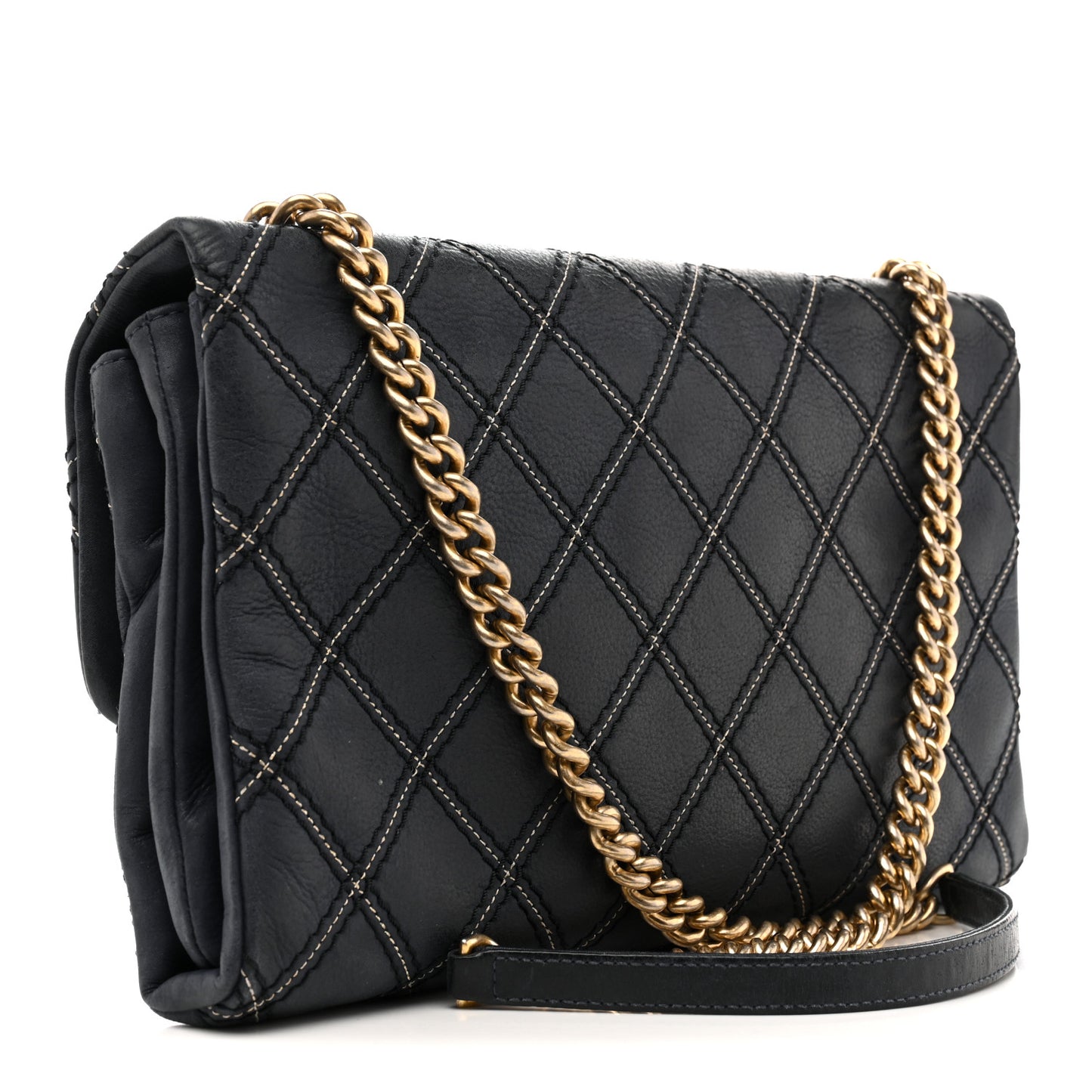 Iridescent Calfskin Triple Stitched Medium Flap Navy