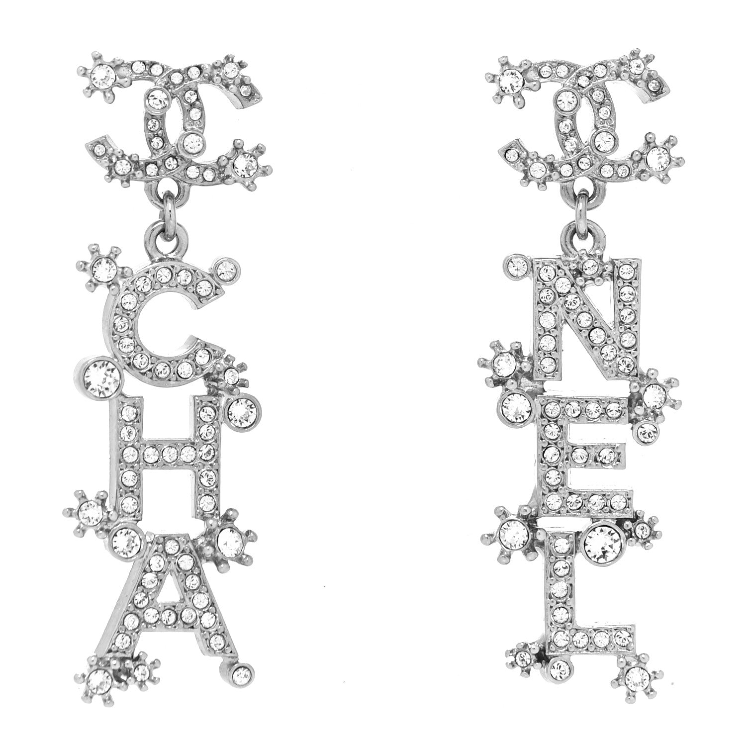 Chanel Crystal Cha-Nel Logo Drop Earrings Silver 1 of 4