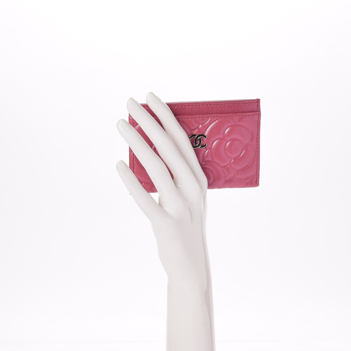Lambskin Camellia Embossed Card Holder Pink