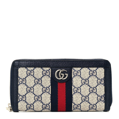 Gucci GG Supreme Monogram Textured Dollar Calfskin Web Ophidia Zip Around Wallet Beige Blue 1 of 9