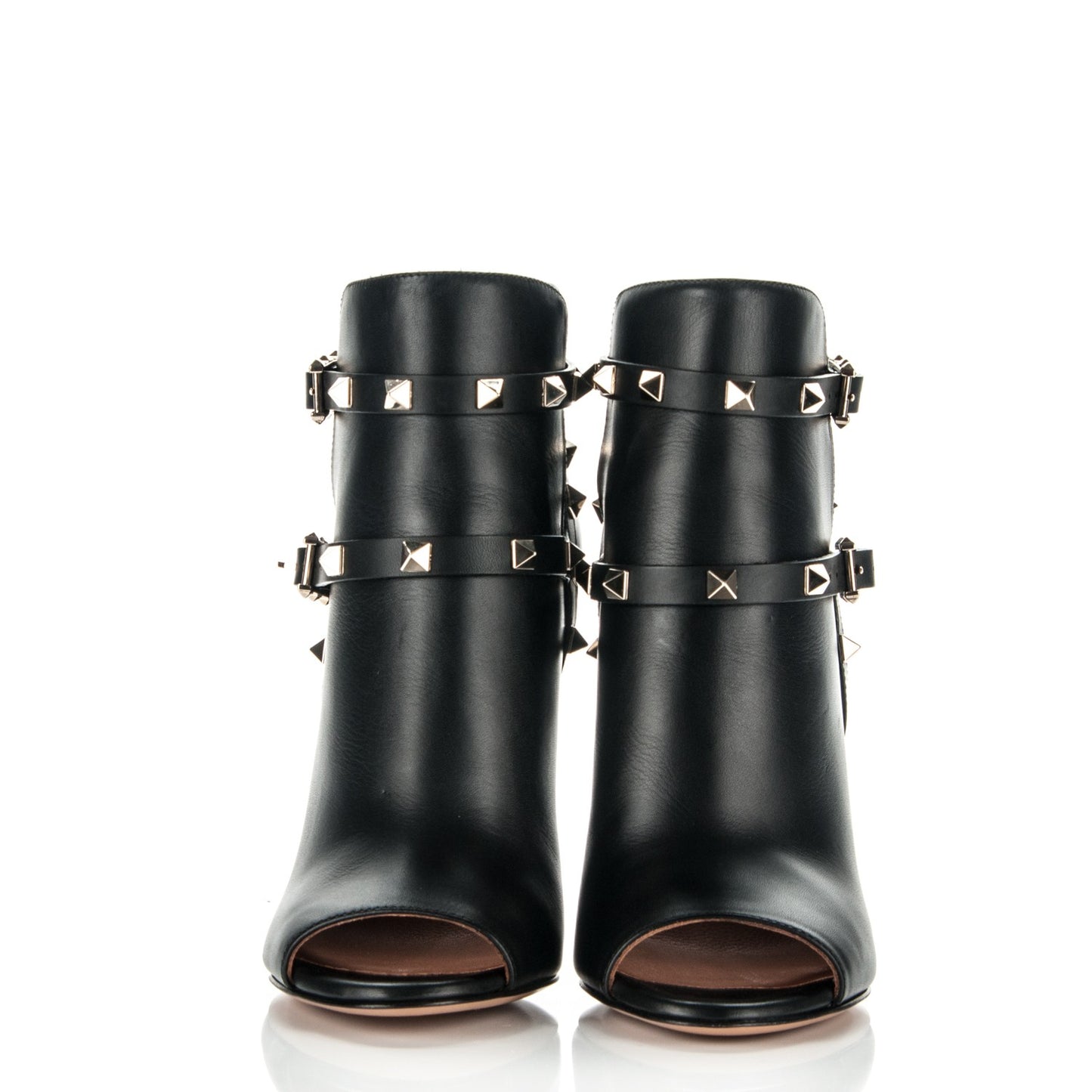 Calfskin Rockstud Peep Toe Double Buckle 100mm Ankle Boots 36 Black
