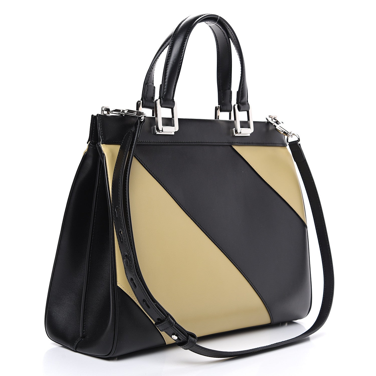 Gucci Smooth Calfskin Diagonal Striped Medium Zumi Top Handle Bag Black Beige 2 of 10