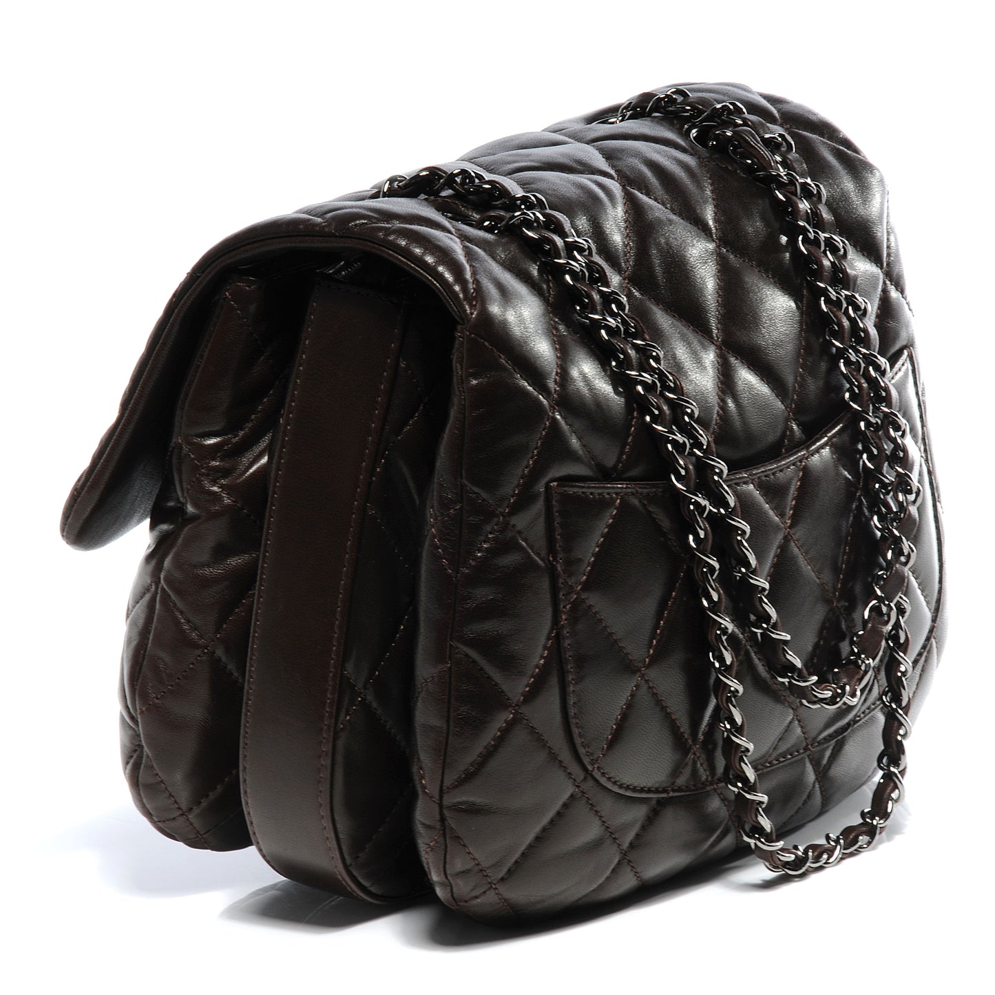 Lambskin Quilted 3 Large Flap Dark Brown