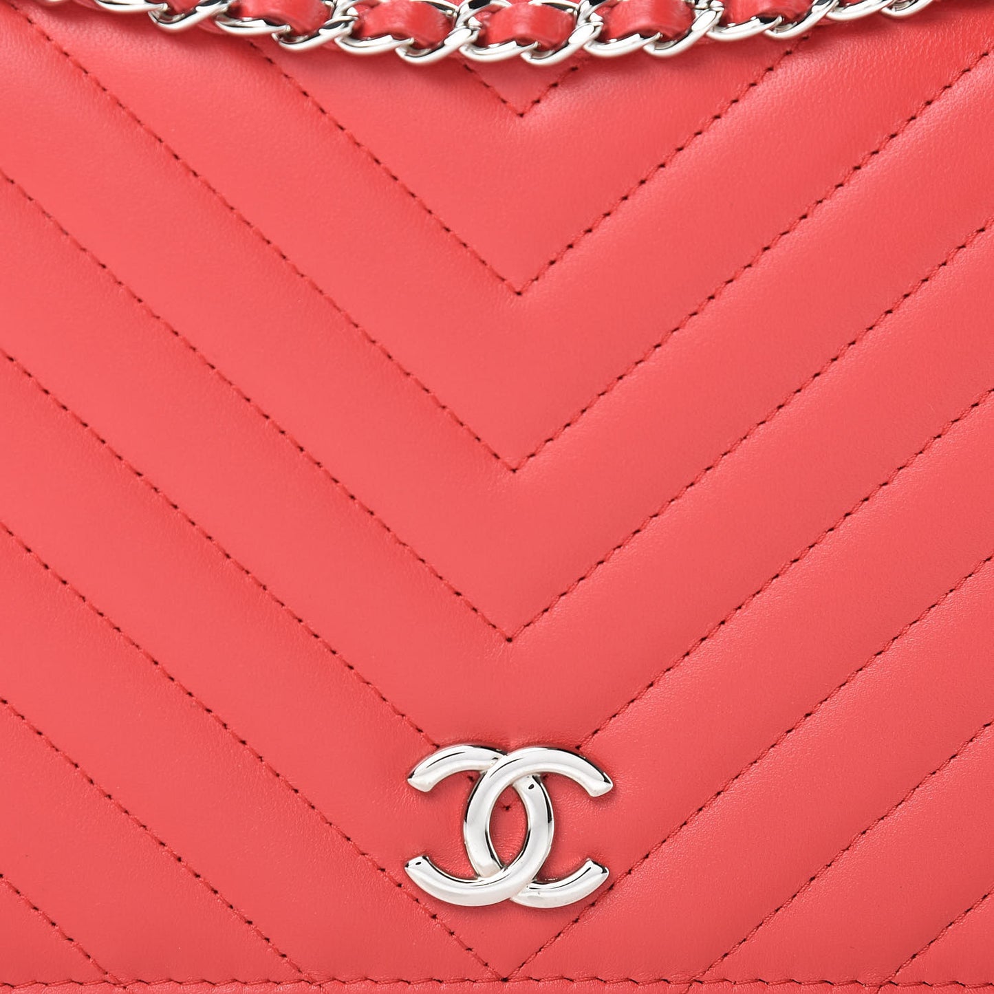 Lambskin Chevron Quilted Studded Wallet On Chain WOC Light Red