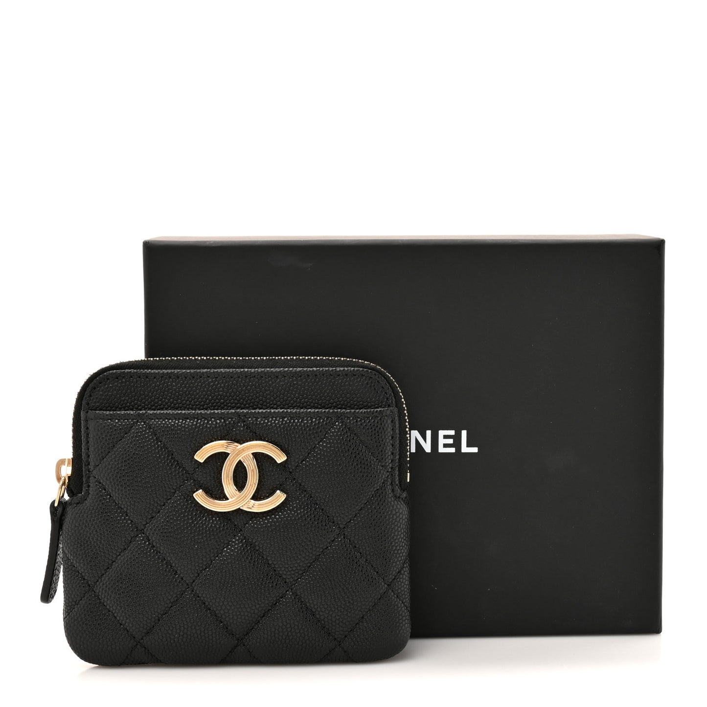 Caviar Quilted Striated Zip Card Holder Wallet Black