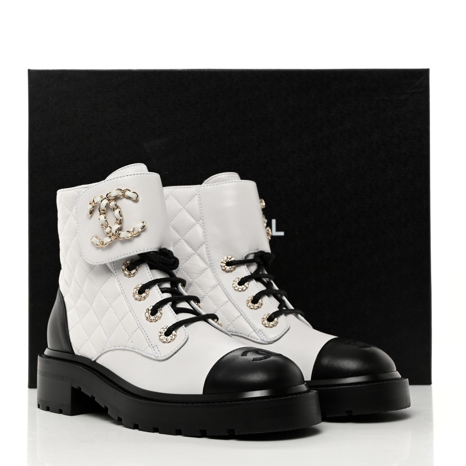 Chanel Shiny Goatskin Calfskin Quilted Lace Up Combat Boots 37 Black White 9 of 9