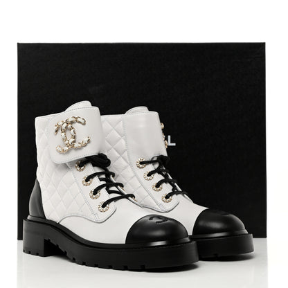 Chanel Shiny Goatskin Calfskin Quilted Lace Up Combat Boots 37 Black White 9 of 9