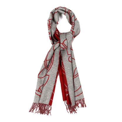 Hermes Cashmere Casaque Entrelacs Equestres Muffler Gris Clair Rouge Carmin 1 of 3
