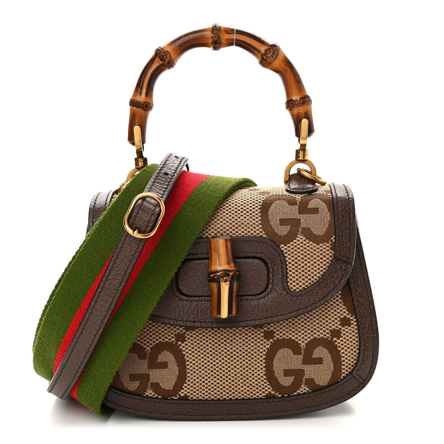 Monogram Jumbo GG Textured Dollar Calfskin Web Mini Bamboo 1947 Top Handle Bag Camel Ebony New Acero