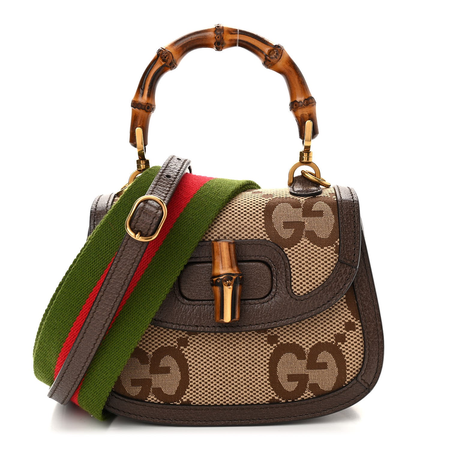 Gucci Monogram Jumbo GG Textured Dollar Calfskin Web Mini Bamboo 1947 Top Handle Bag Camel Ebony New Acero 1 of 12