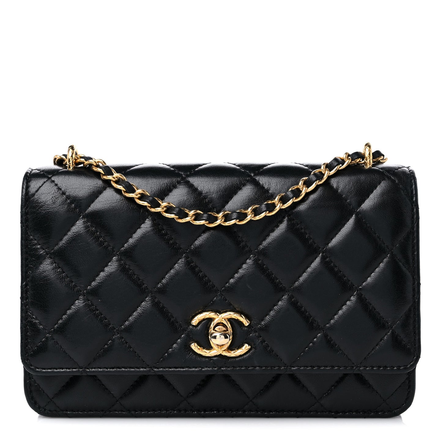 Shiny Lambskin Quilted Dynasty Wallet On Chain WOC Black