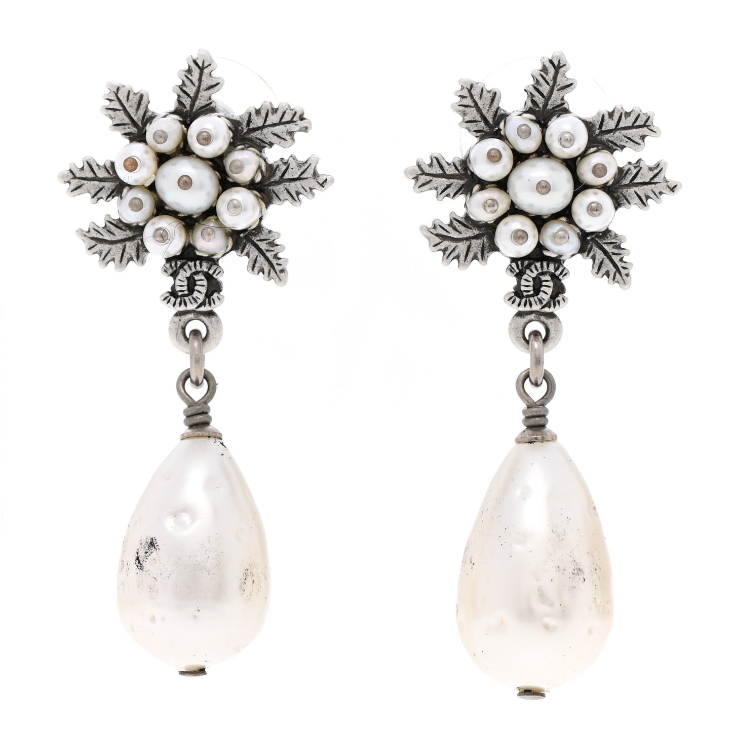 Pearl CC Leaf Drop Earrings Silver