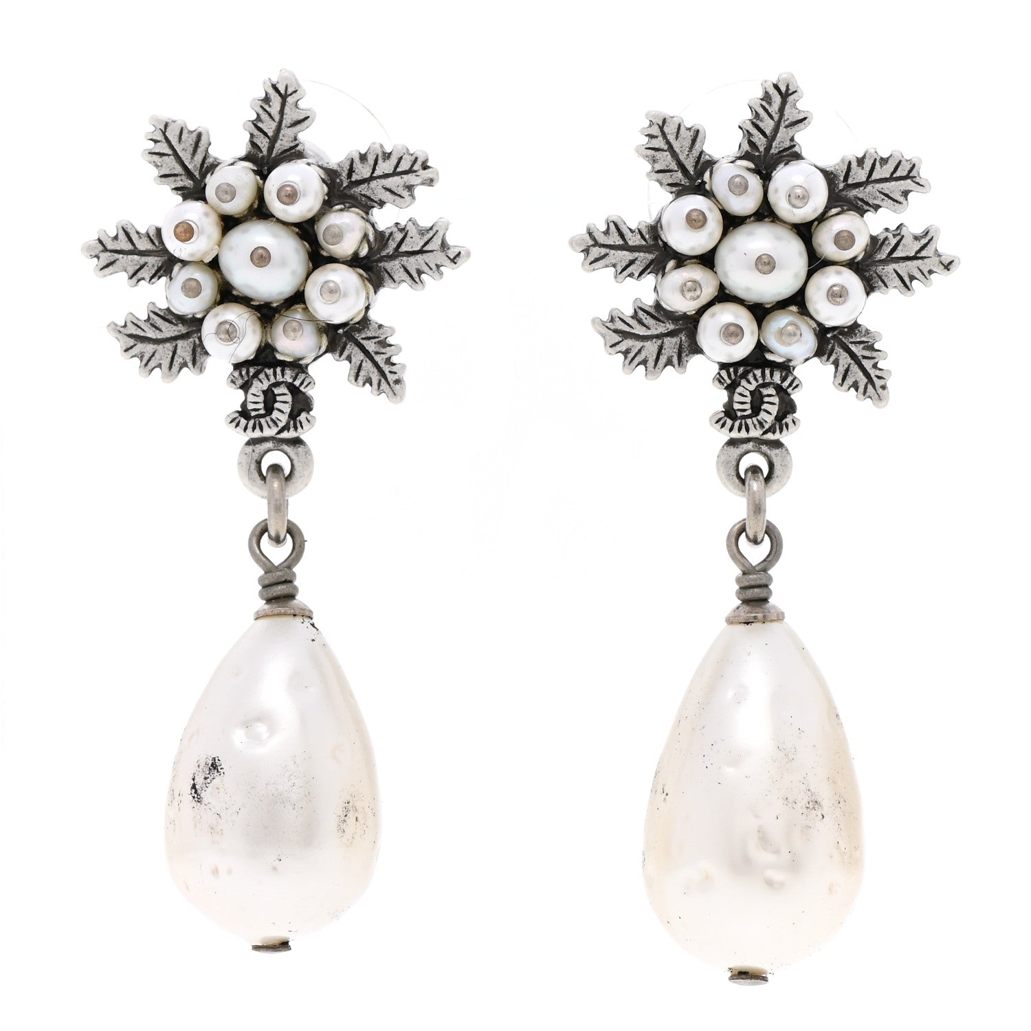 Chanel Pearl CC Leaf Drop Earrings Silver 1 of 7