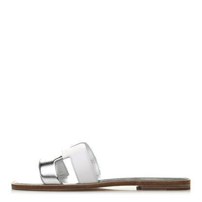Hermes Metallic Nappa Box Oran Sandals 37 White Gris Argente 1 of 6