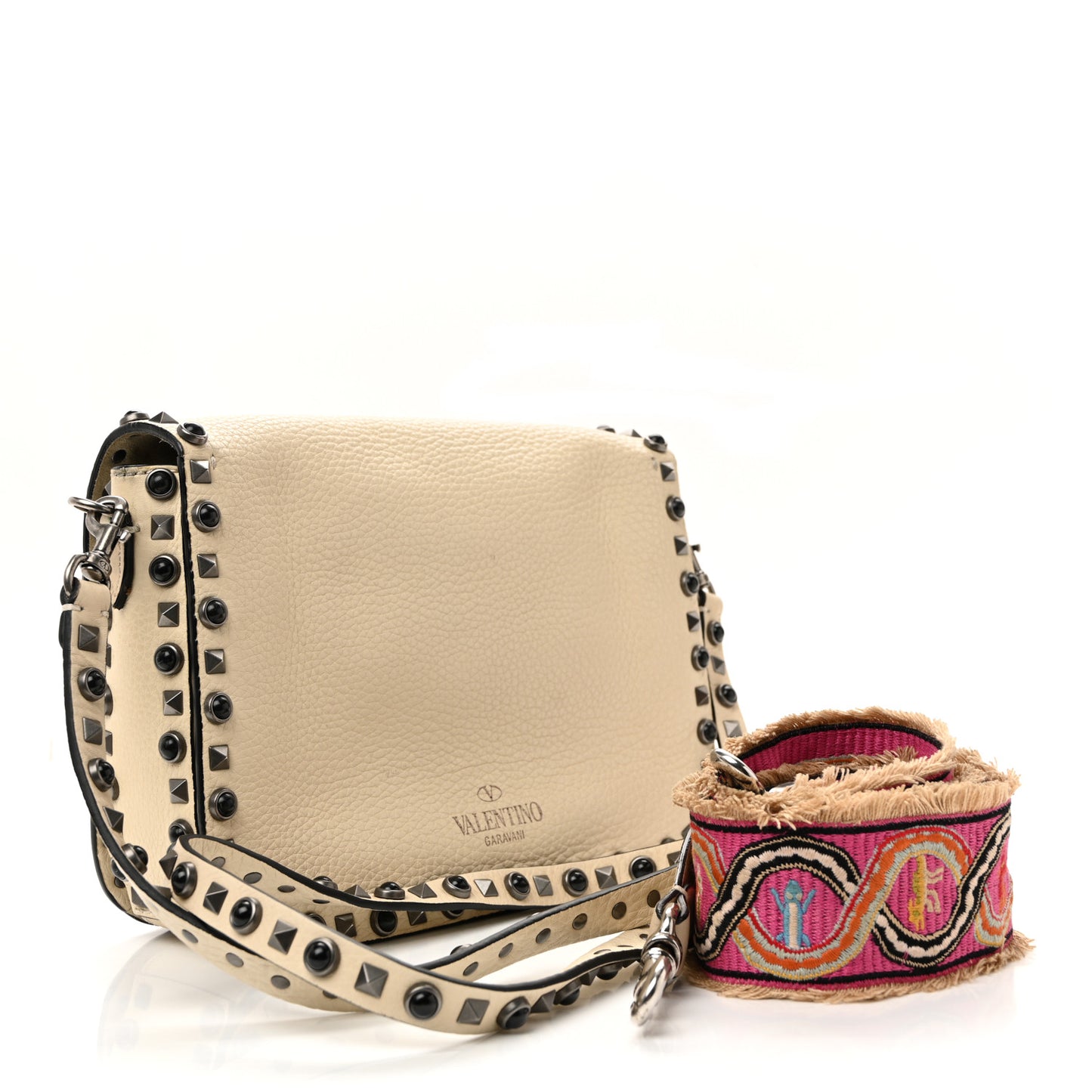 Pebbled Calfskin Onyx Medium Guitar Strap Rockstud Rolling Flap Saddle Bag Ivory