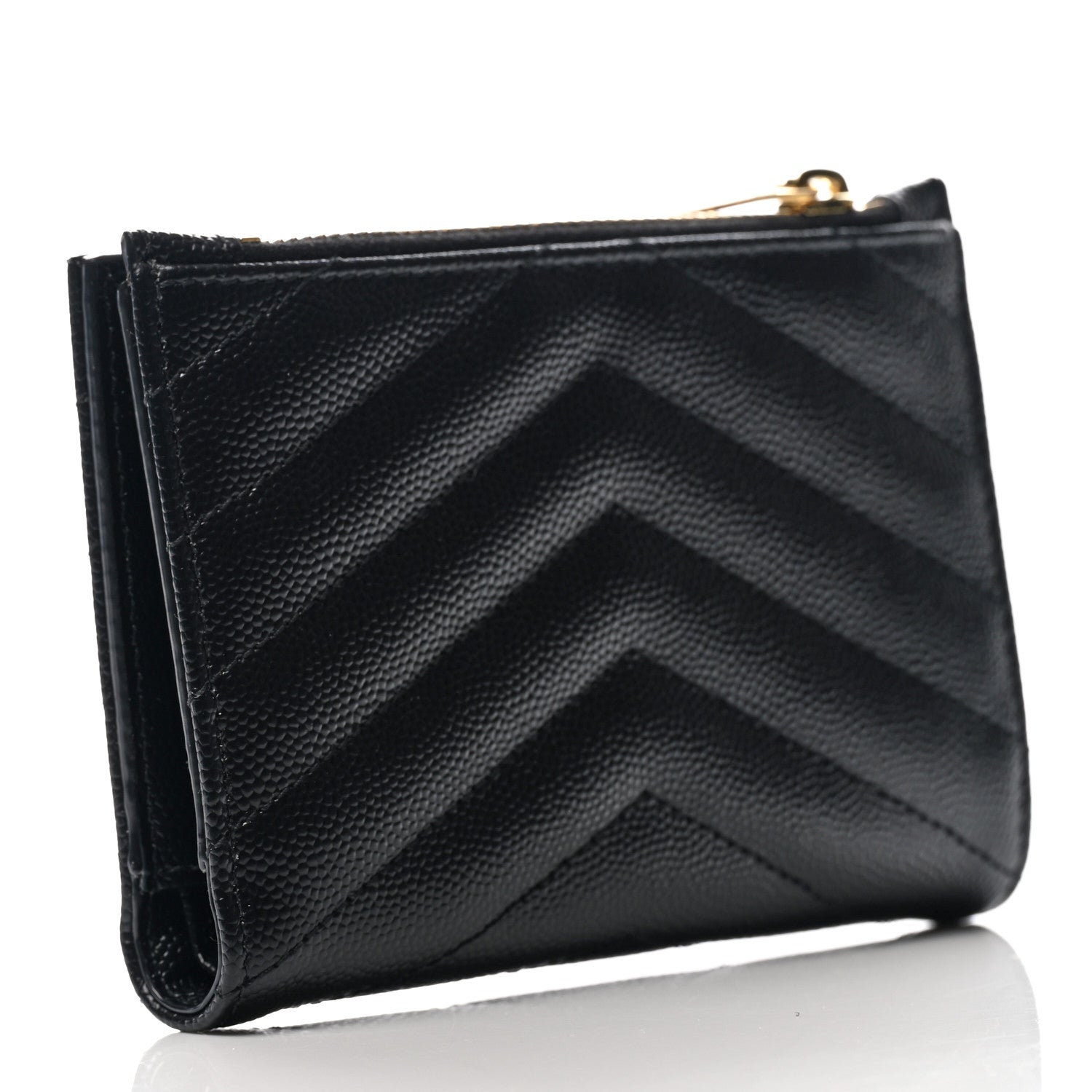 Saint Laurent Grain De Poudre Matelasse Chevron Monogram Zipped Card Case Black 2 of 6