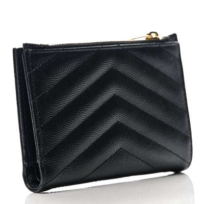 Saint Laurent Grain De Poudre Matelasse Chevron Monogram Zipped Card Case Black 2 of 6