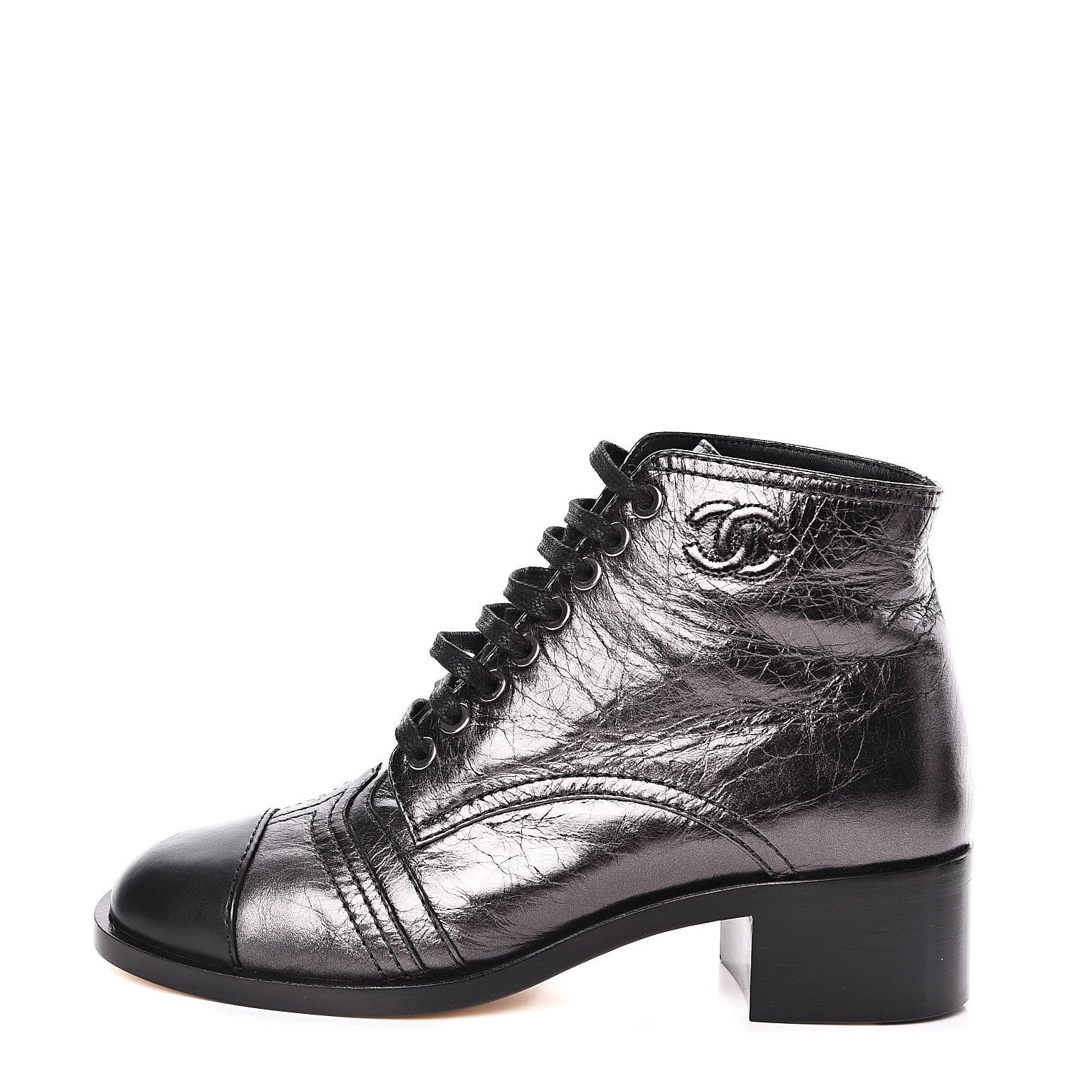 Chanel Metallic Calfskin CC Lace Up Boots 35 Silver Black 1 of 8