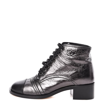Chanel Metallic Calfskin CC Lace Up Boots 35 Silver Black 1 of 8
