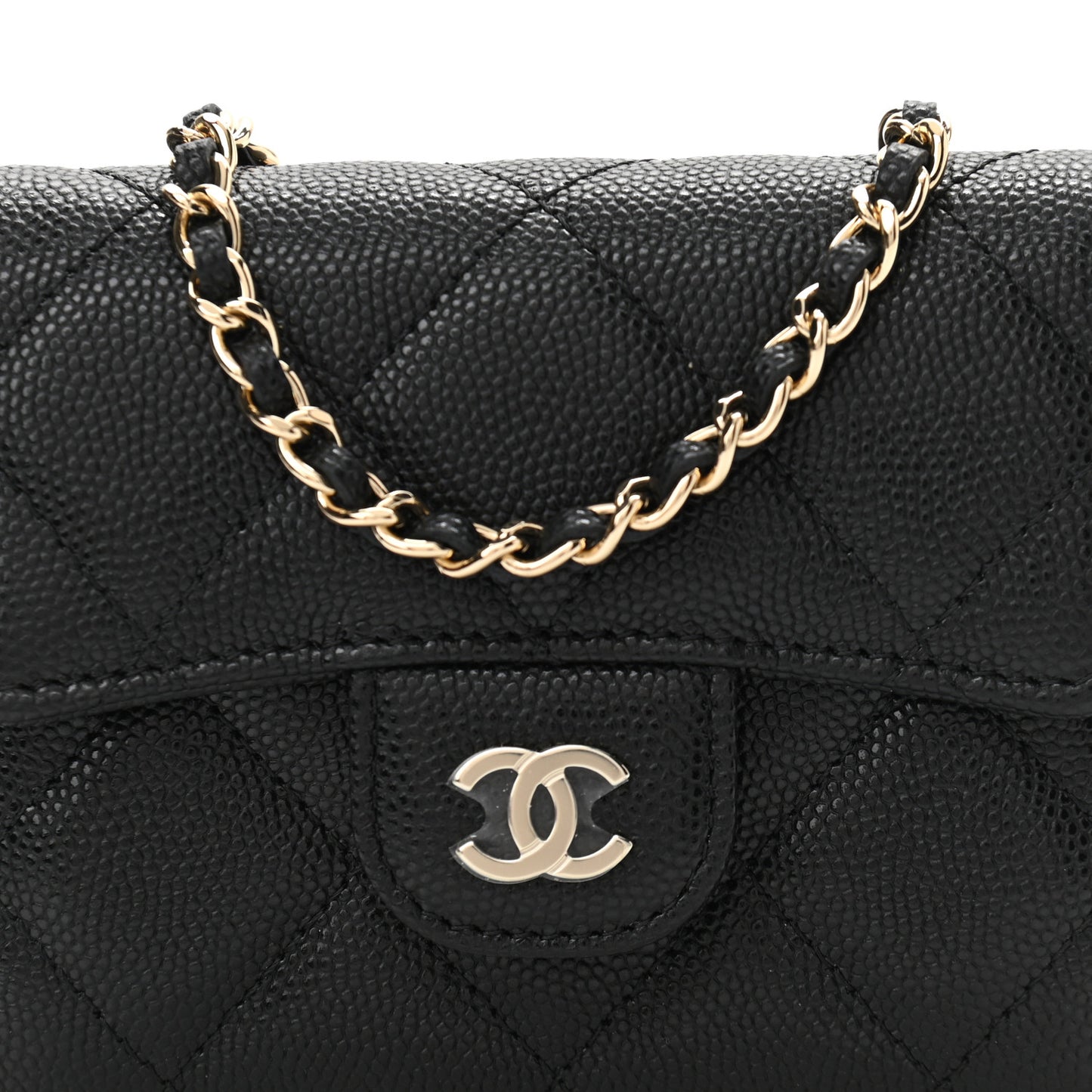 Caviar Quilted Flap Card Holder On Chain Black