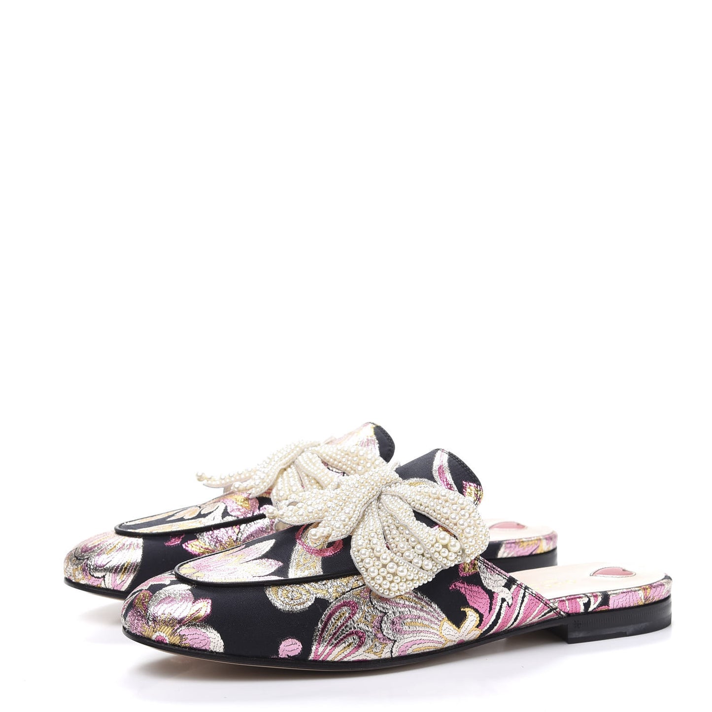 Iridescent Brocade Pearl Bow Womens Princetown Slippers 41 Black Pink