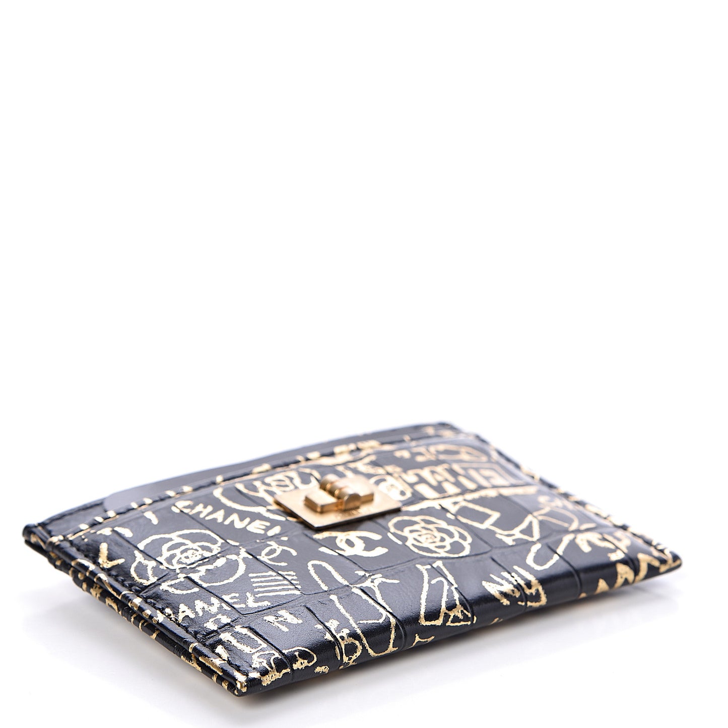 Calfskin Crocodile Embossed Graffiti 2.55 Cocodile Reissue Card Holder Black Gold