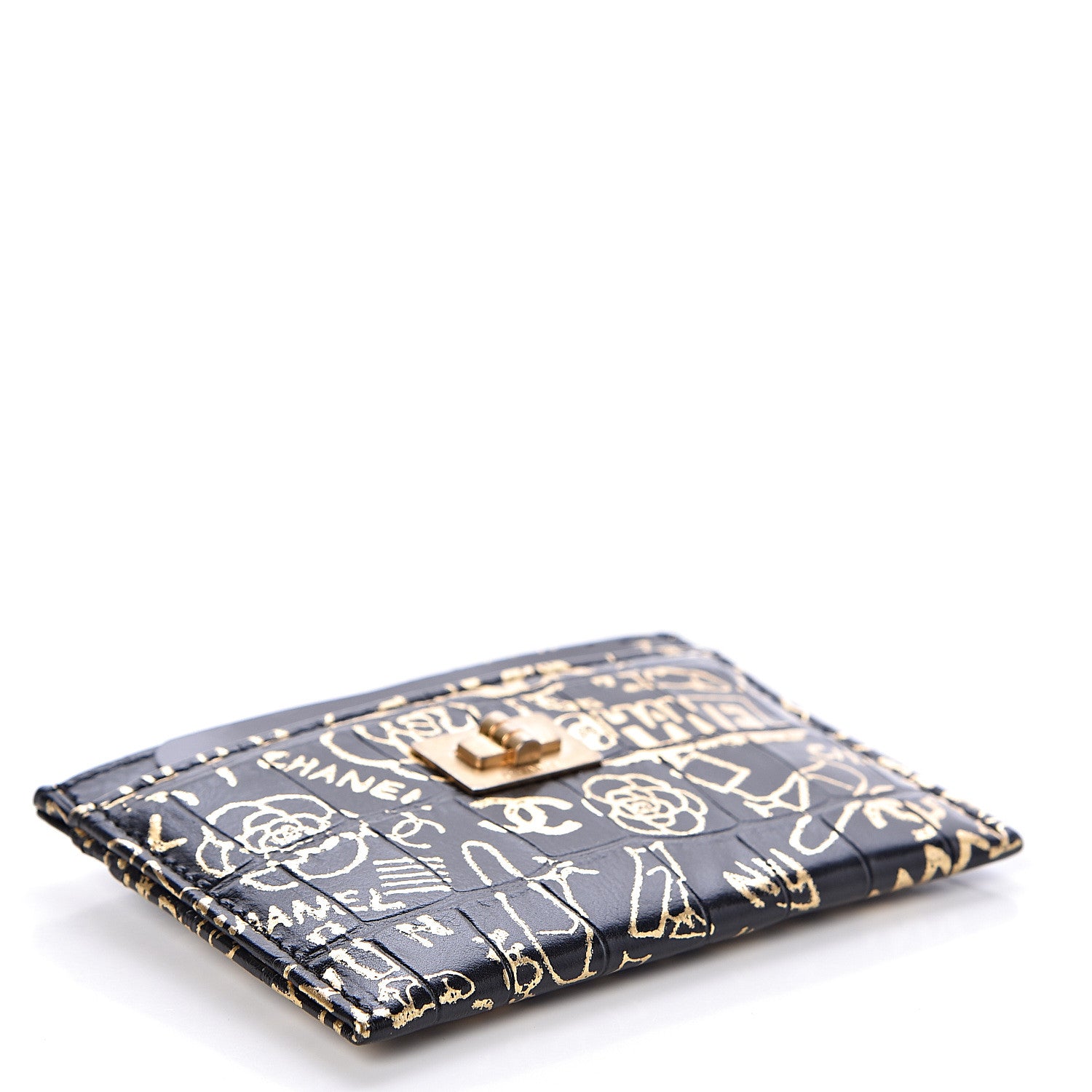 Chanel Calfskin Crocodile Embossed Graffiti 2.55 Cocodile Reissue Card Holder Black Gold 4 of 9