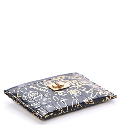 Chanel Calfskin Crocodile Embossed Graffiti 2.55 Cocodile Reissue Card Holder Black Gold 4 of 9