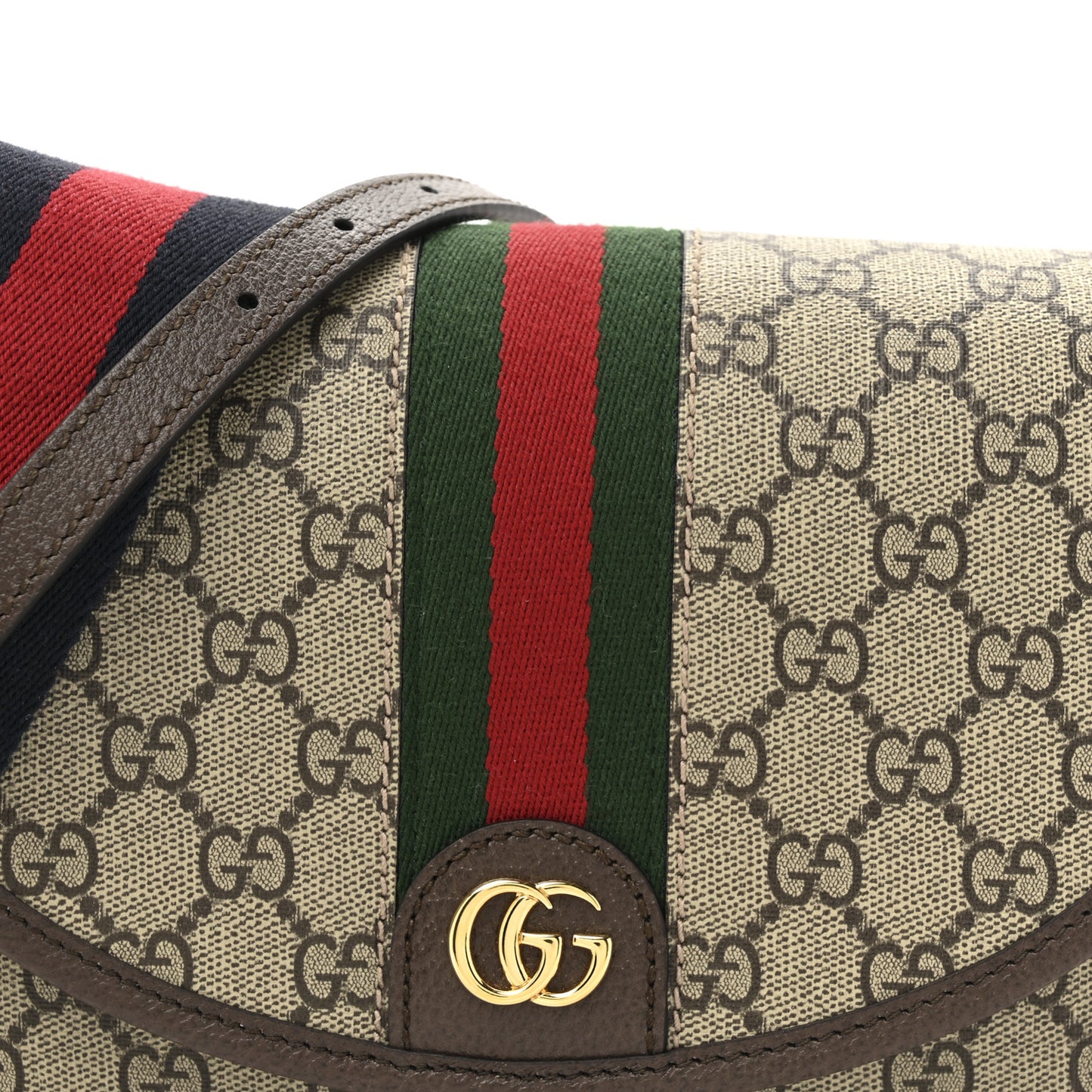 GG Supreme Monogram Textured Dollar Calfskin Web Studded Mini Ophidia Flap Shoulder Bag Beige Ebony New Acero