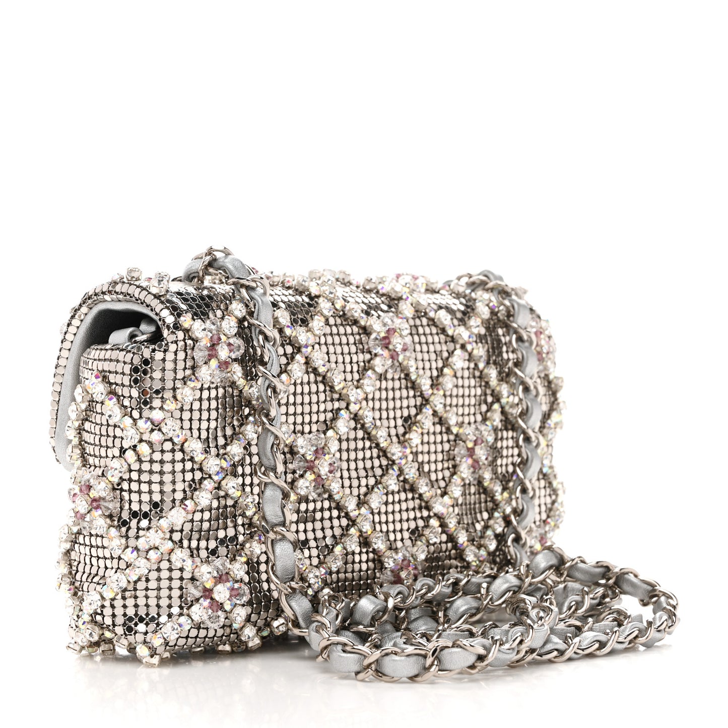 Chain Mail Crystal Quilted Mini Flap Argent