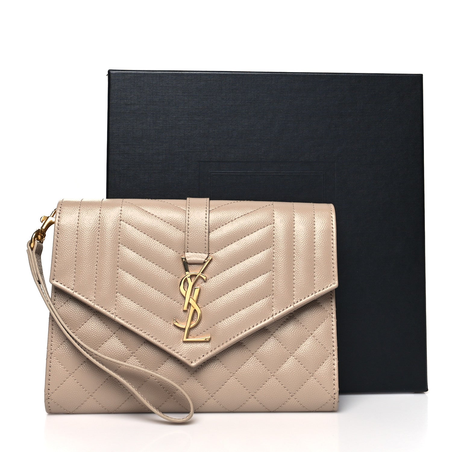 Saint Laurent Grain De Poudre Textured Mixed Matelasse Triquilt Monogram Clutch Dark Beige 11 of 11