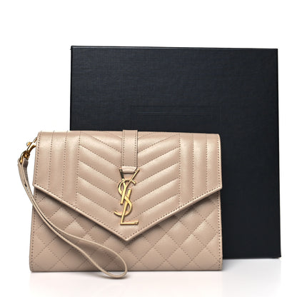 Saint Laurent Grain De Poudre Textured Mixed Matelasse Triquilt Monogram Clutch Dark Beige 11 of 11