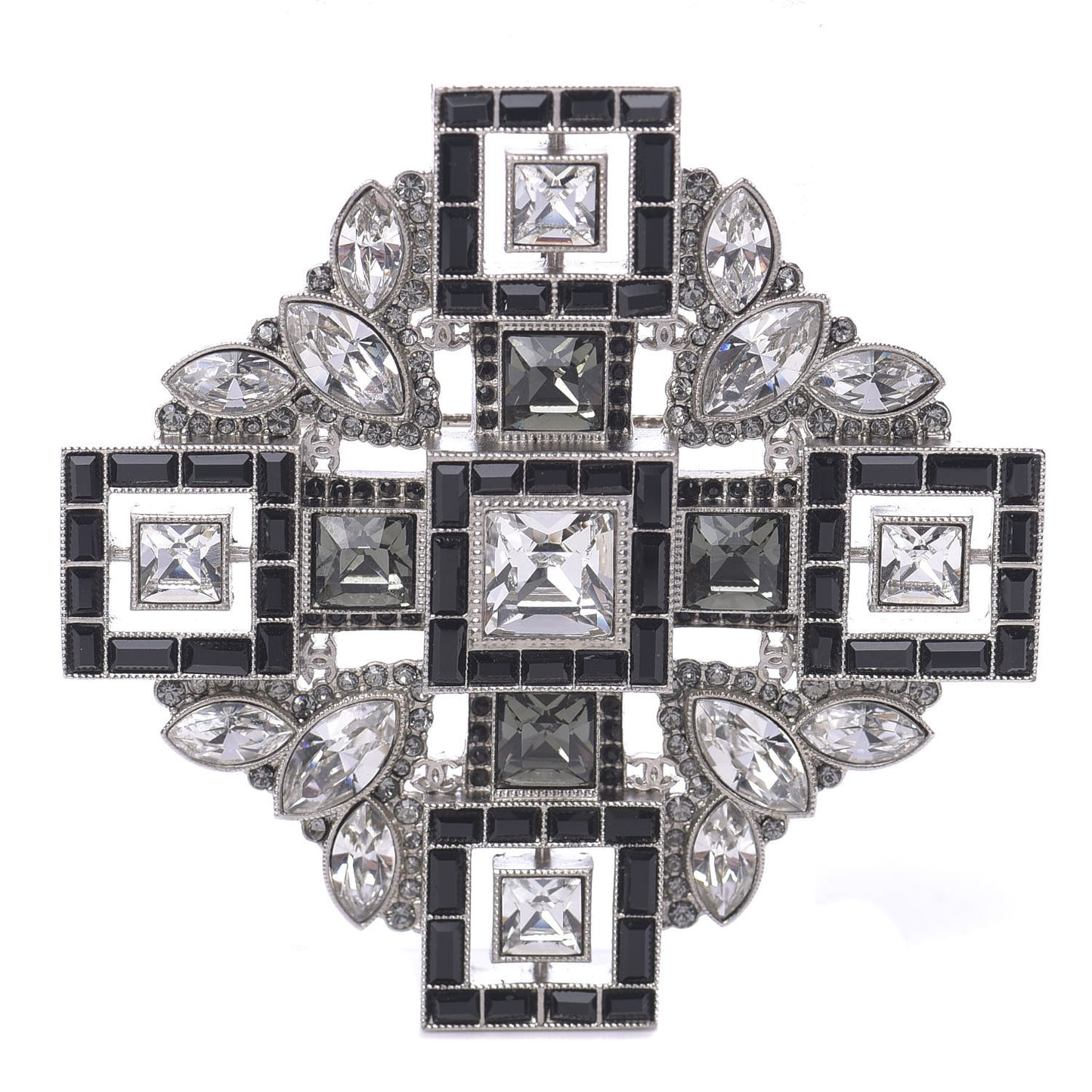 Crystal Baguette Maltese Cross Brooch Black Silver