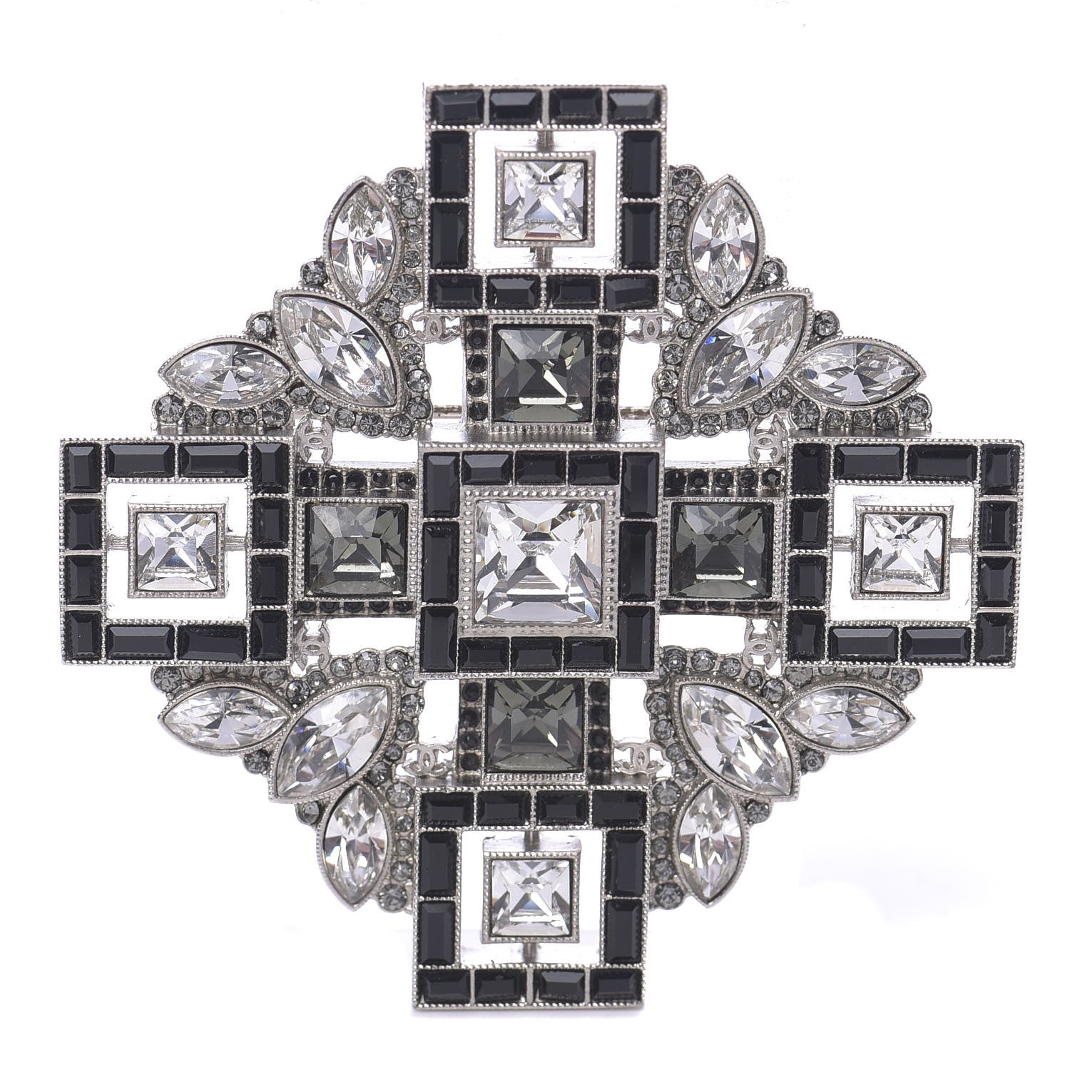 Chanel Crystal Baguette Maltese Cross Brooch Black Silver 1 of 5