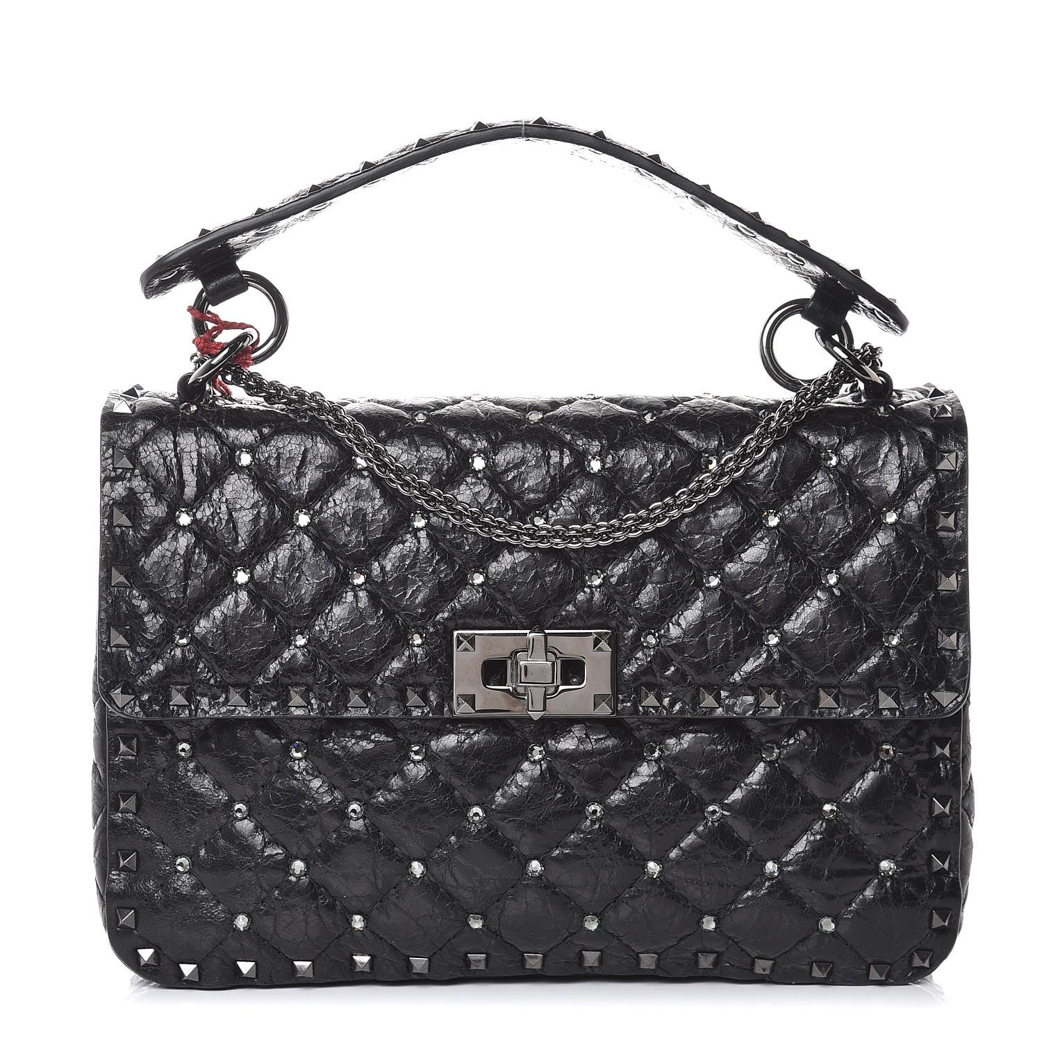Valentino Garavani Craquele Nappa Crystal Embellished Medium Rockstud Spike Shoulder Bag Black 1 of 8