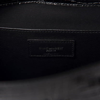 Saint Laurent Shiny Calfskin Crocodile Embossed Manhattan Baguette Black 8 of 10