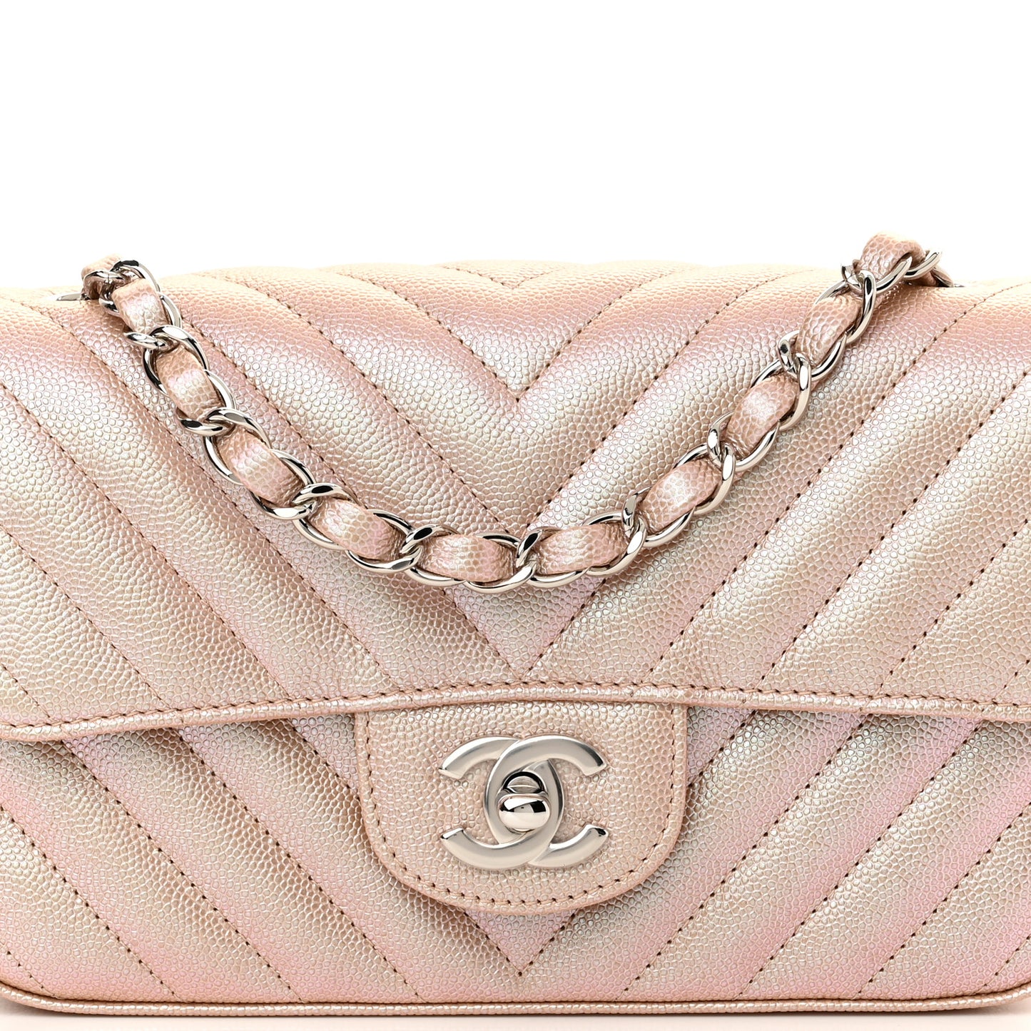 Iridescent Caviar Chevron Quilted Mini Rectangular Flap Light Gold