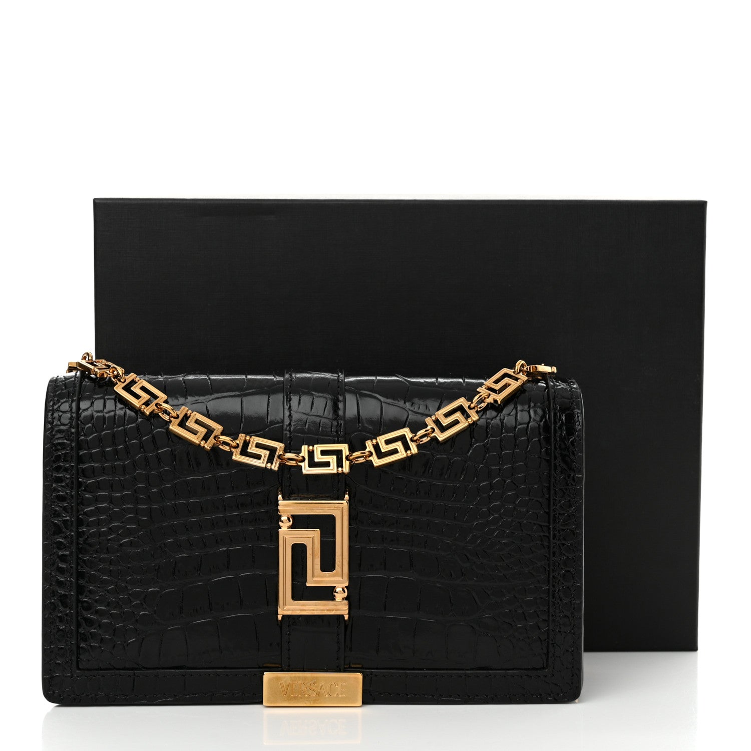 Versace Crocodile Embossed Calfskin Greca Goddess Wallet On Chain Black 10 of 10