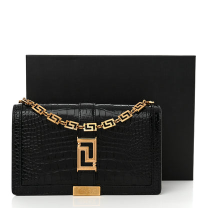 Versace Crocodile Embossed Calfskin Greca Goddess Wallet On Chain Black 10 of 10