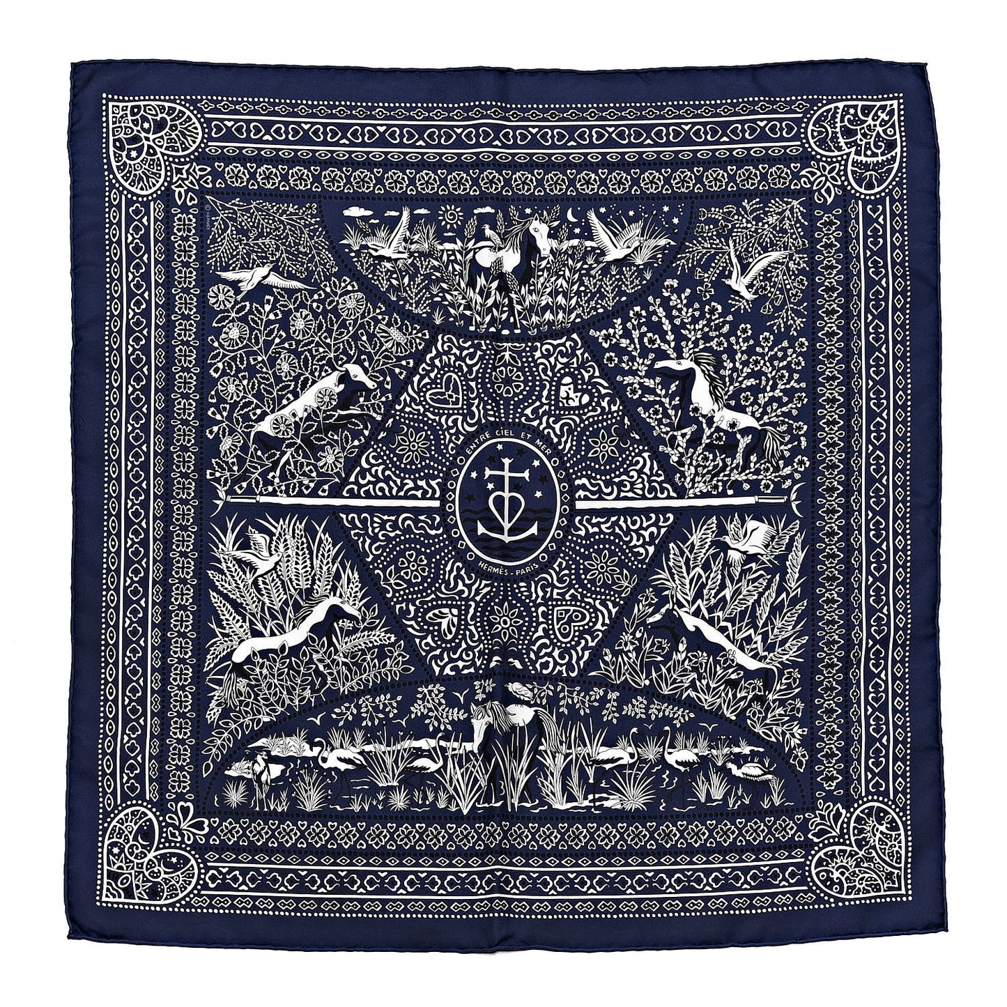 Silk Entre Ciel Et Mer Bandana Scarf 55 Marine White Black
