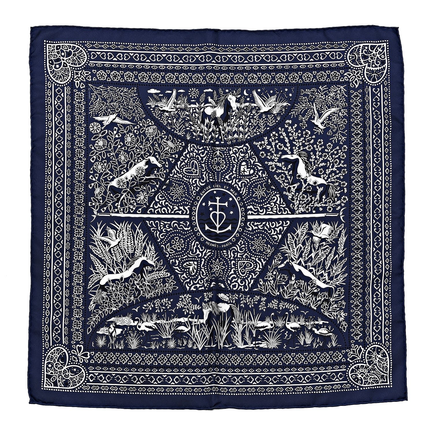 Hermes Silk Entre Ciel Et Mer Bandana Scarf 55 Marine White Black 1 of 5