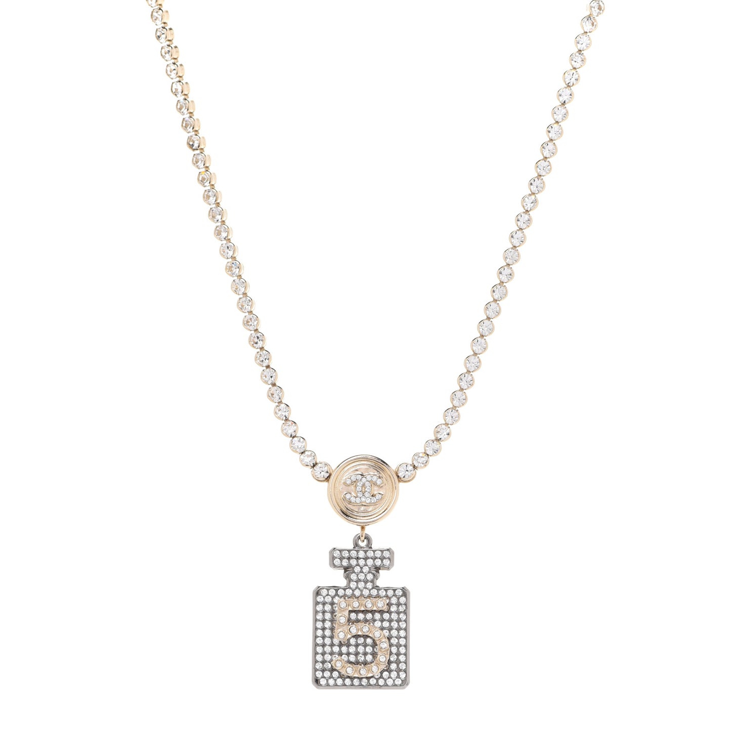 Crystal CC Perfume Bottle Necklace Gold