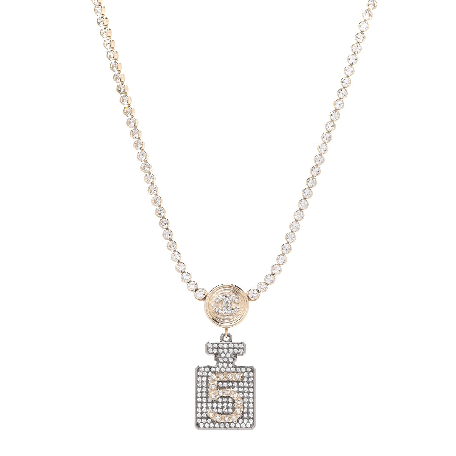 Chanel Crystal CC Perfume Bottle Necklace Gold 1 of 7