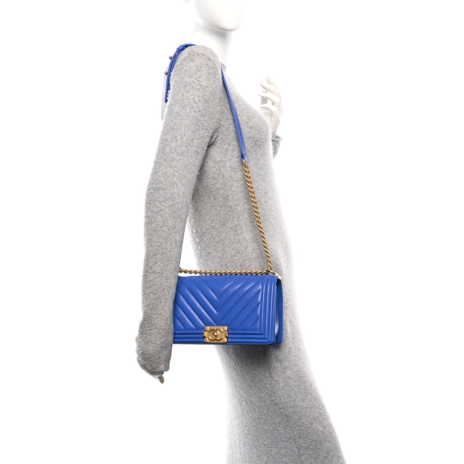 Chanel Caviar Chevron Quilted Medium Boy Flap Dark Blue 2 of 10