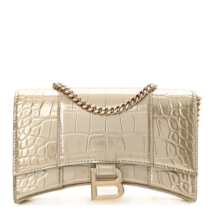 Balenciaga Shiny Calfskin Crocodile Embossed Hourglass Chain Bag Light Gold 1 of 9