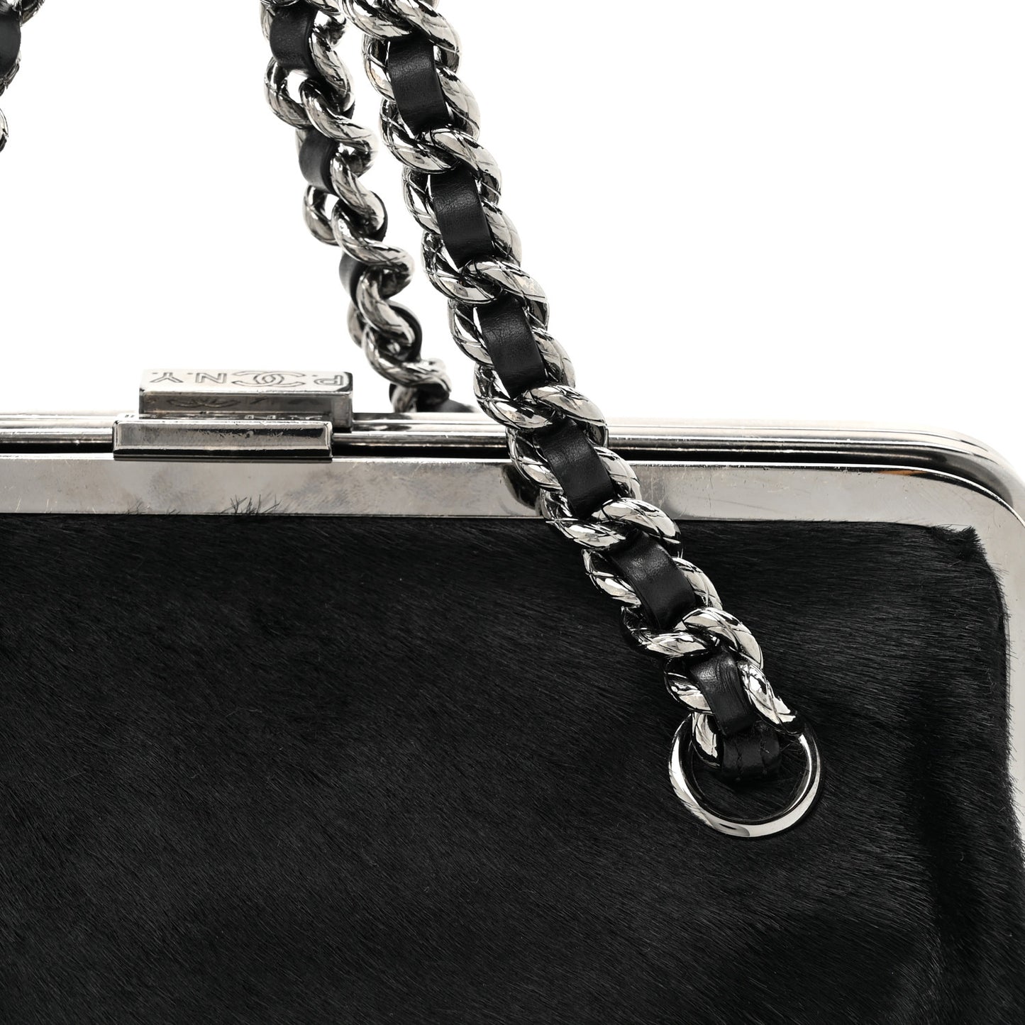 Pony Hair Lambskin Quilted Kiss Lock Frame Bag Black