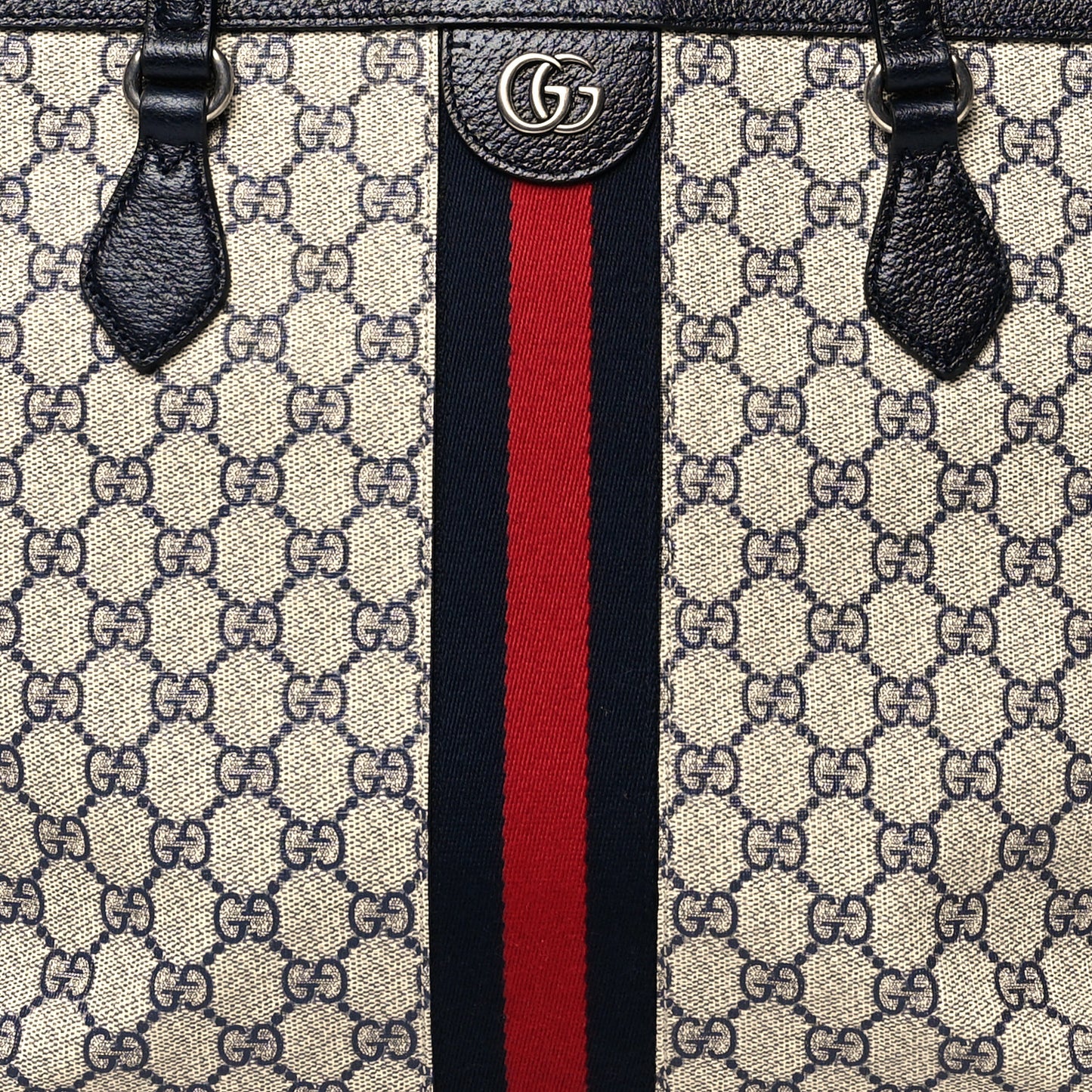 GG Supreme Monogram Textured Calfskin Web Medium Ophidia Shopping Tote Beige Blue