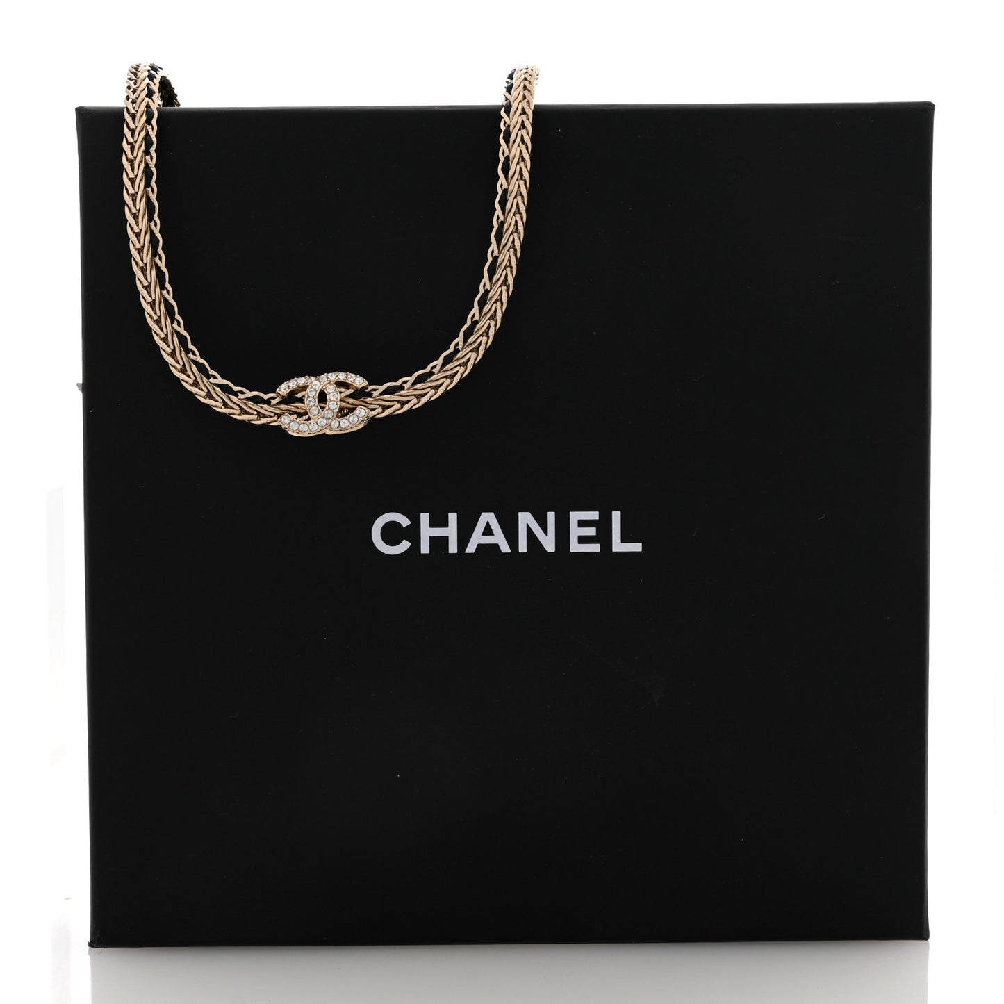 Metal Lambskin Crystal Chain CC Necklace Black Gold