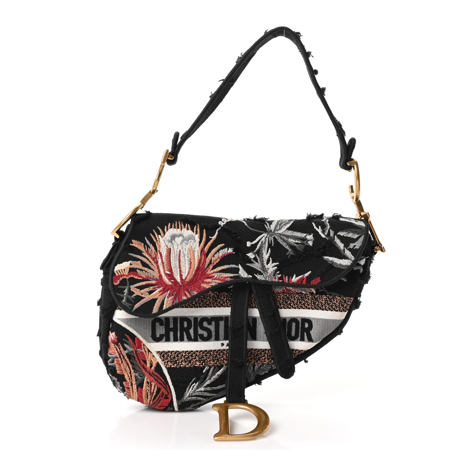 Christian Dior Canvas Embroidered Camouflage Flowers Saddle Bag Black Multicolor 1 of 10
