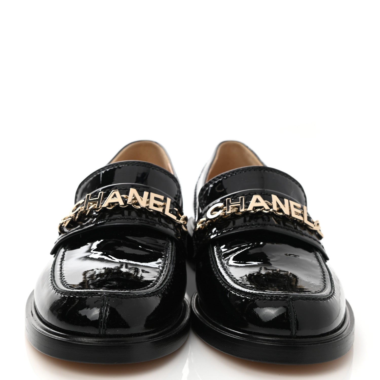 Chanel Shiny Calfskin Logo Loafers 36.5 Black 2 of 9